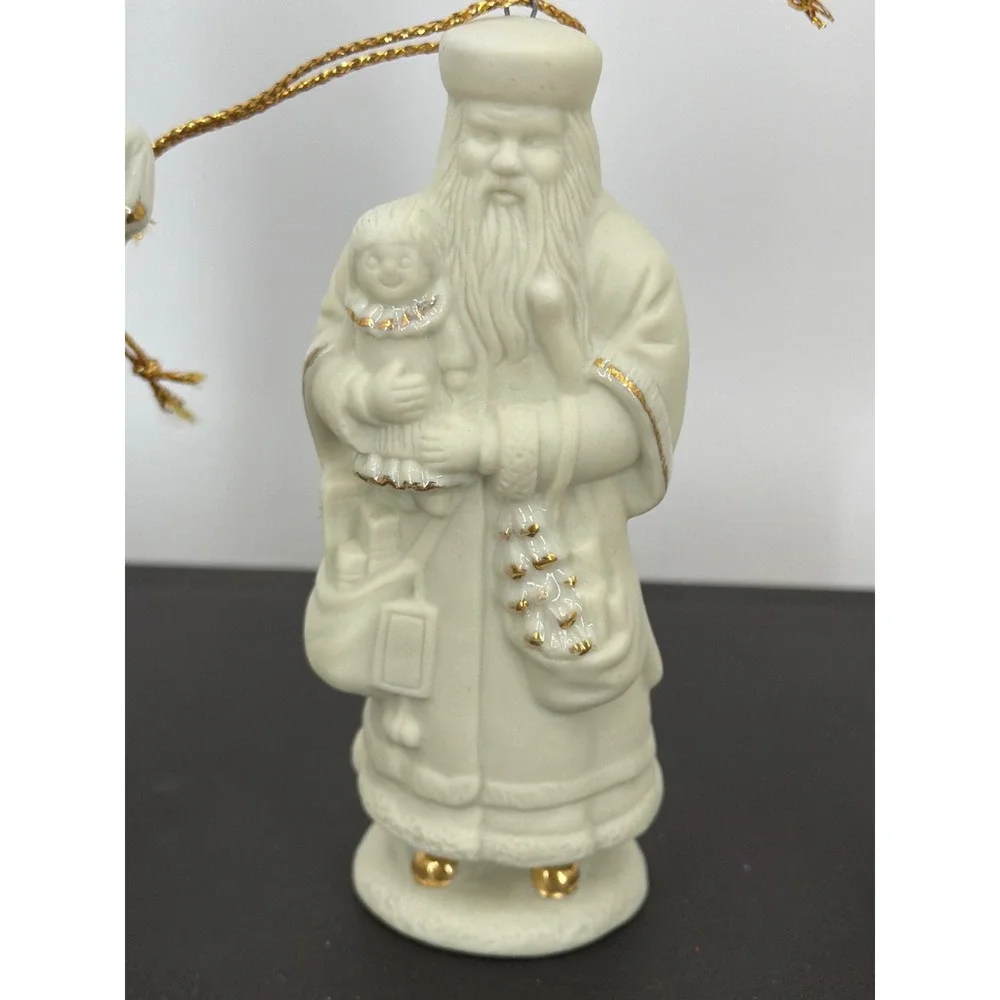 Set of 4 Vintage Bisque Porcelain Santa Claus Figurines Gold Accents Ornaments